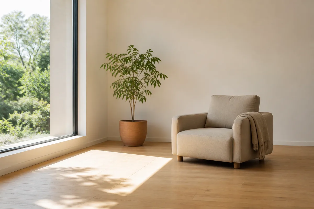 Fauteuil en tissu uni placé près d&rsquo;une fenêtre, lumière matinale sur le sol en bois