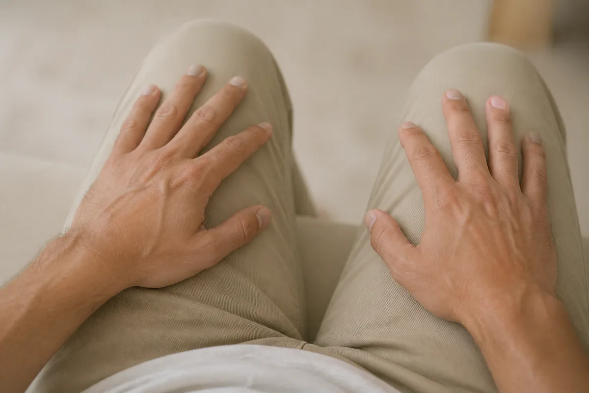 Gros plan sur deux mains posées à plat sur les cuisses, doigts détendus, tissu uni beige