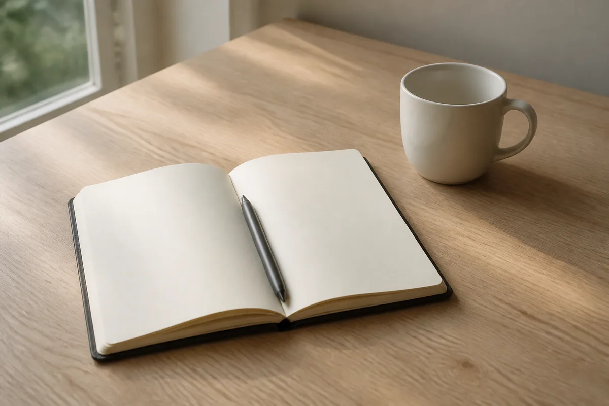 Carnet ouvert sur une page de papier lisse et stylo posés sur une table en bois clair près d&rsquo;une tasse en céramique unie