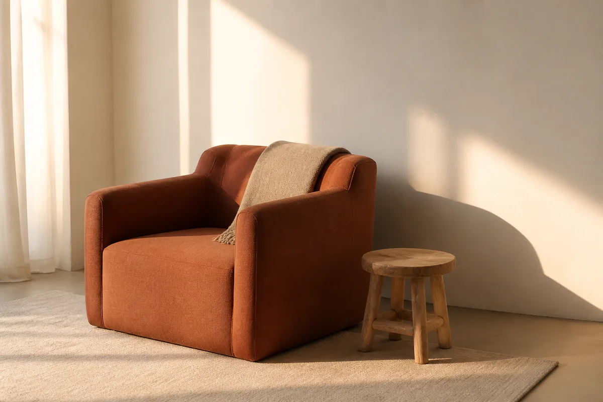 Coin de pièce épuré avec fauteuil en tissu uni, plaid replié et lumière rasante de fin de journée