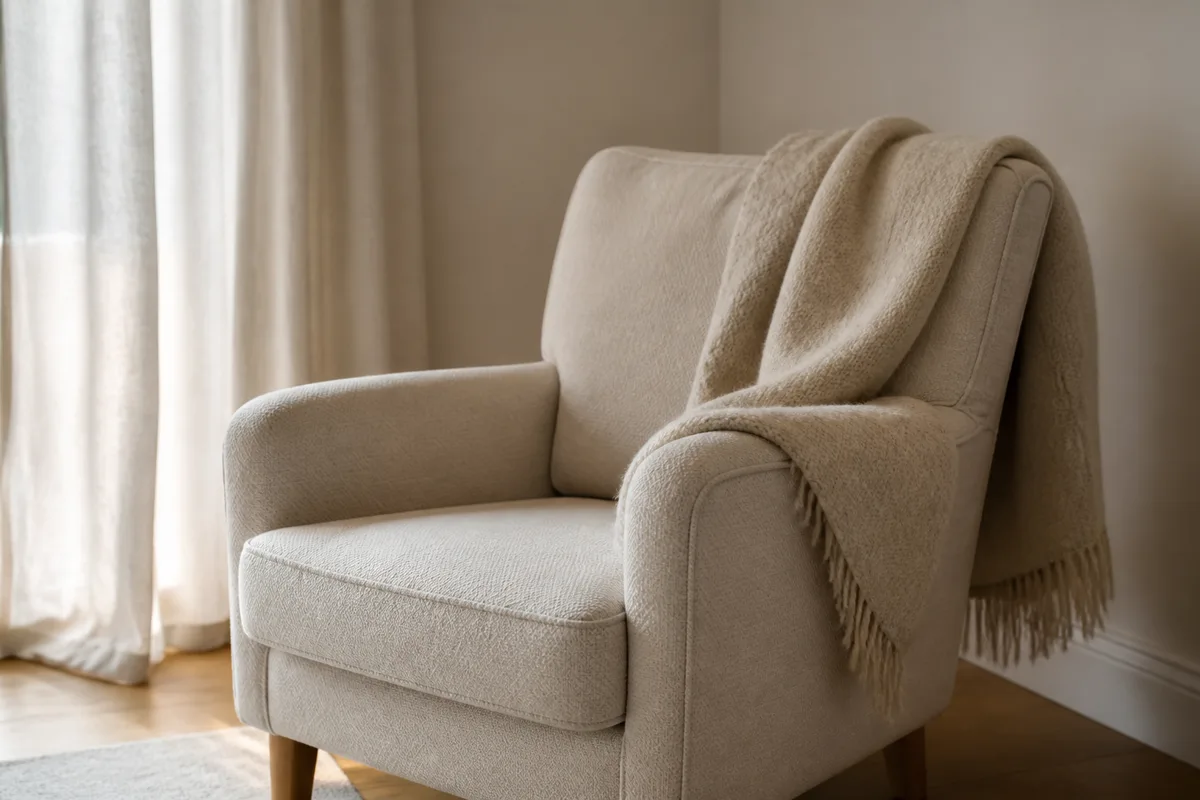 Cabinet de praticien vide, fauteuil en tissu et plaid près d’une fenêtre voilée