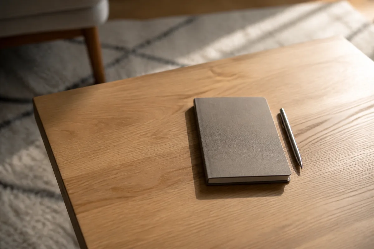 Table basse en bois nue avec un carnet fermé et un stylo, lumière rasante