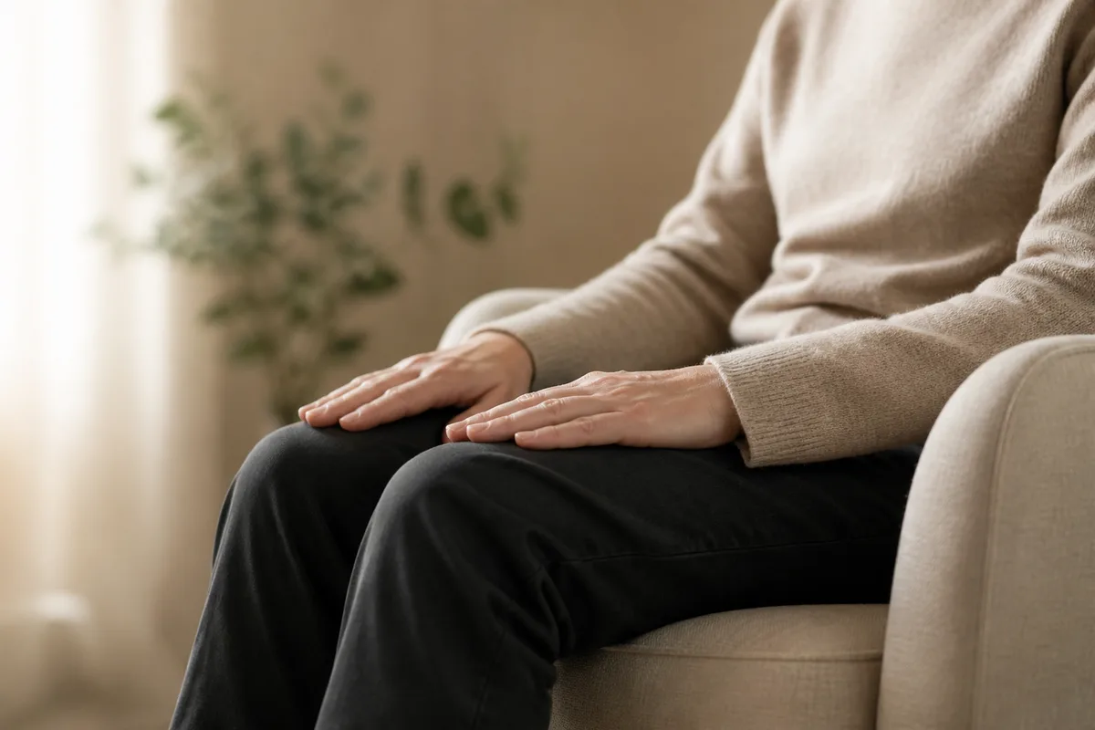 Mains posées sur les genoux dans un fauteuil en tissu clair, cadrage serré