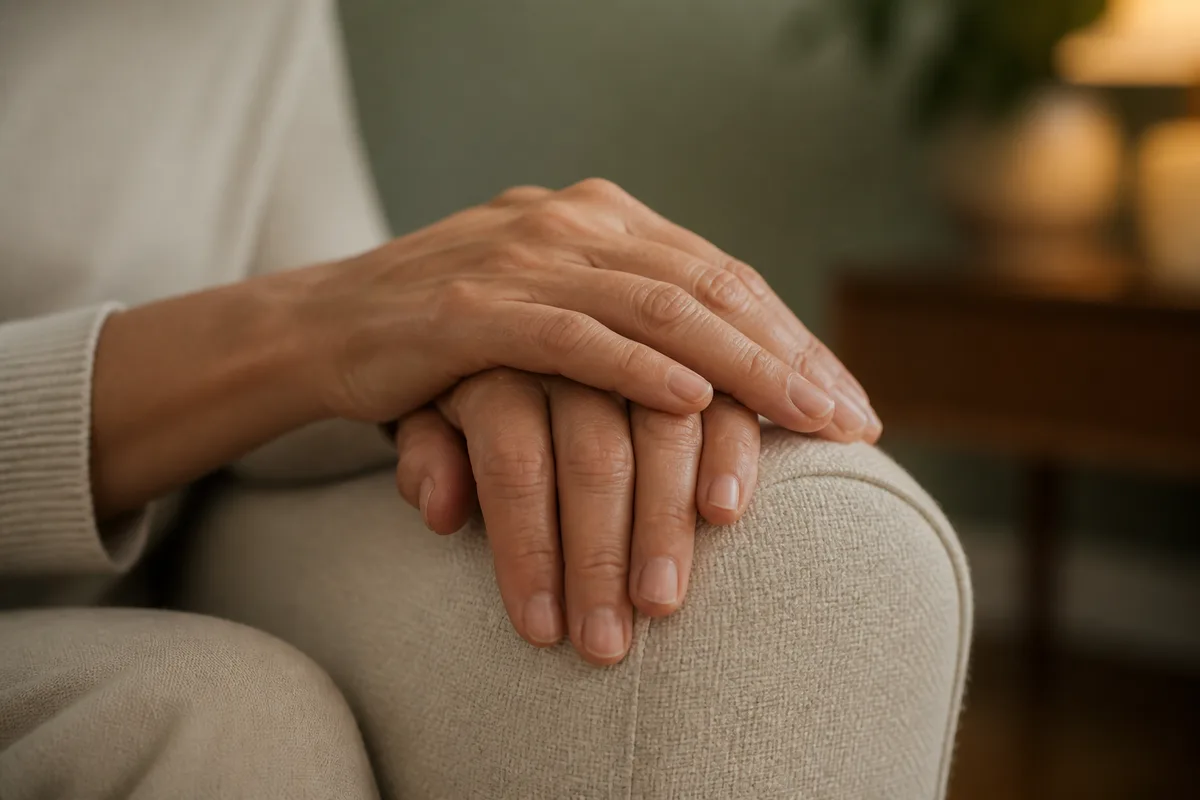 Deux mains superposées au repos sur l’accoudoir d’un fauteuil en tissu écru, geste calme, lumière tamisée