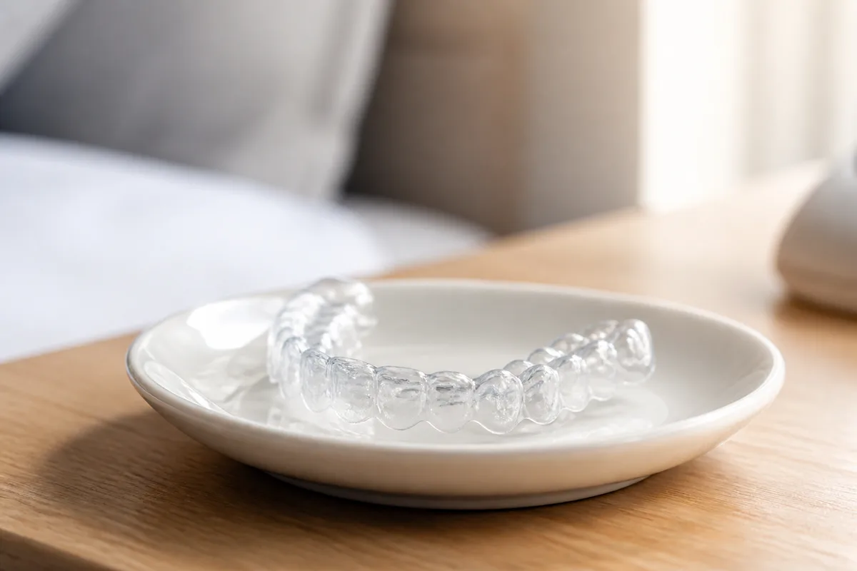 Gouttière dentaire transparente posée sur une soucoupe claire