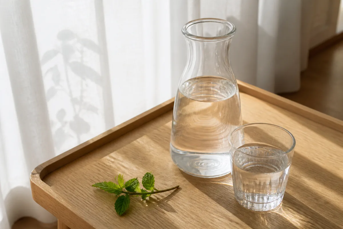 Carafe en verre et verre d&rsquo;eau posés sur une table en bois clair près d&rsquo;une fenêtre voilée