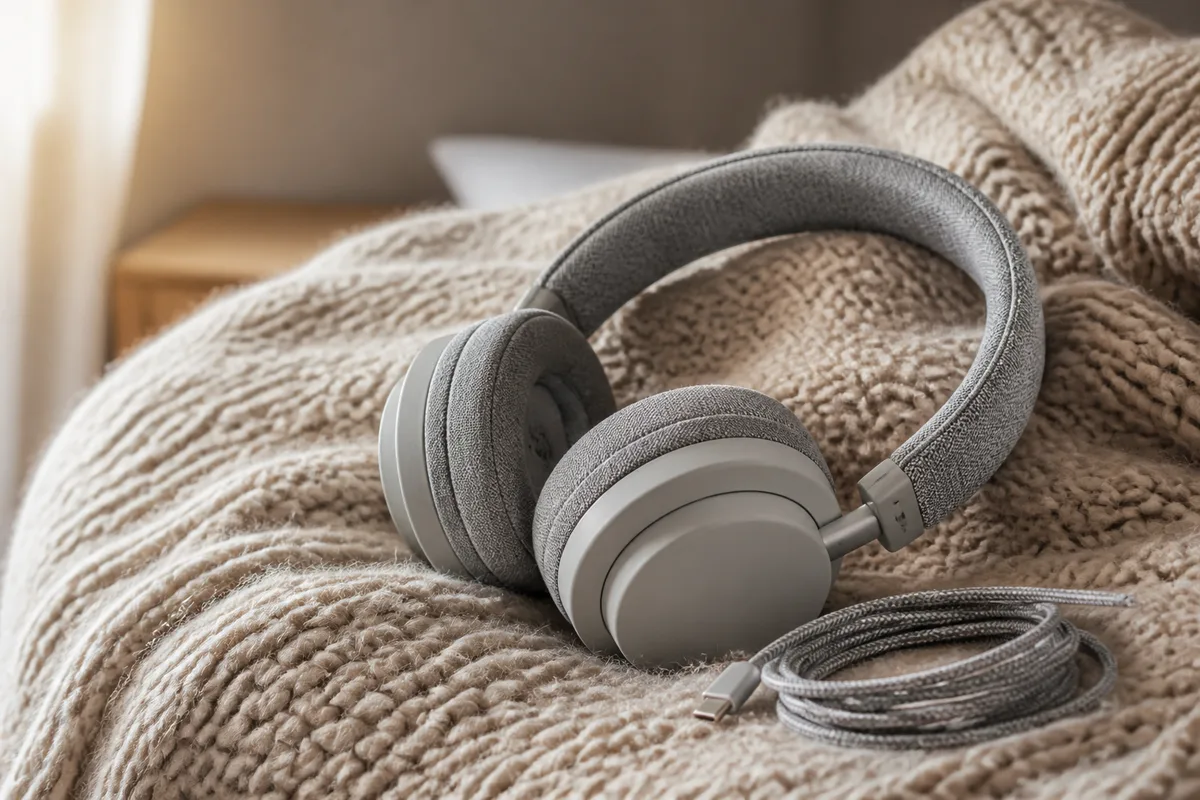 Casque audio en tissu gris posé sur un plaid de laine beige