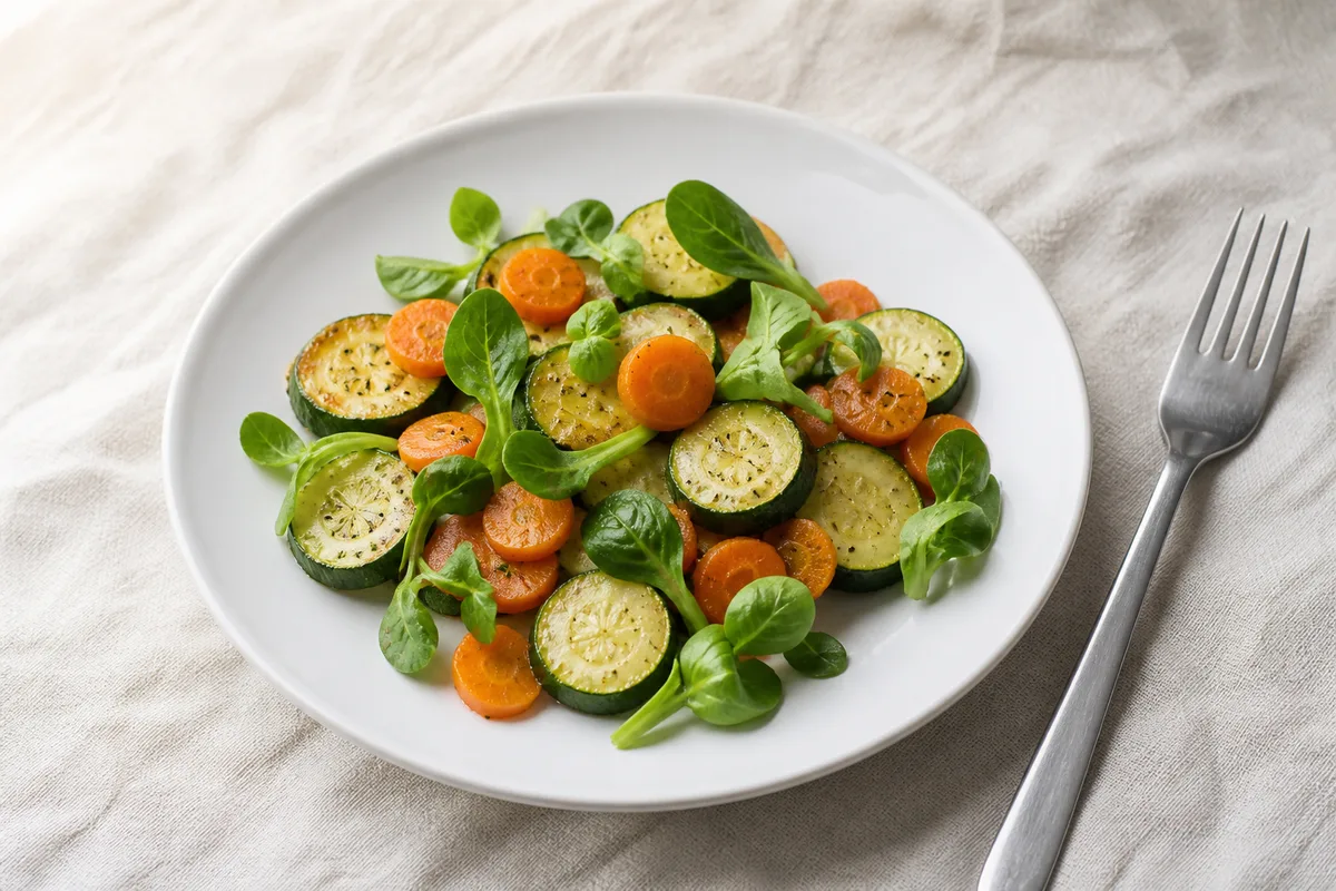 Assiette de légumes de saison posée sur une nappe de lin écrue