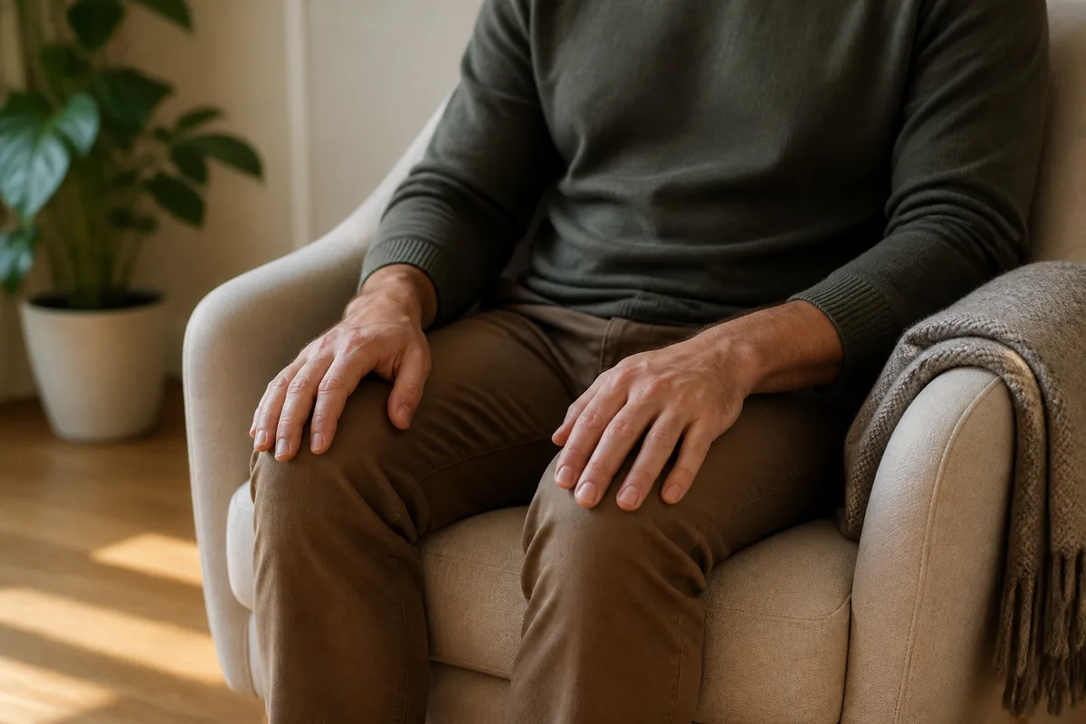 Fauteuil de cabinet avec un plaid replié, lumière douce de fin de journée