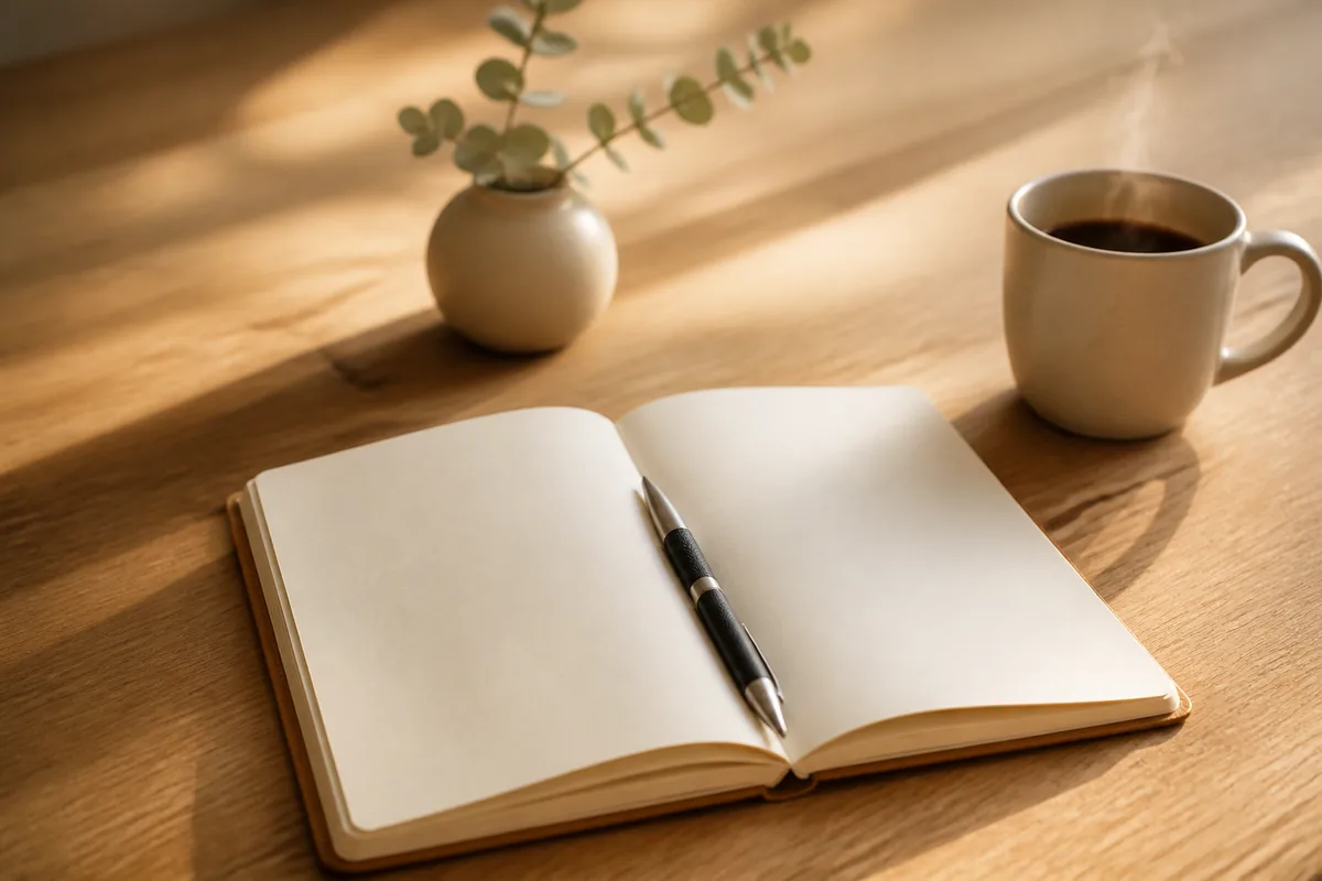 Bureau en bois clair avec un carnet aux pages vierges, un stylo posé en travers et une tasse fumante, lumière de fin de journée