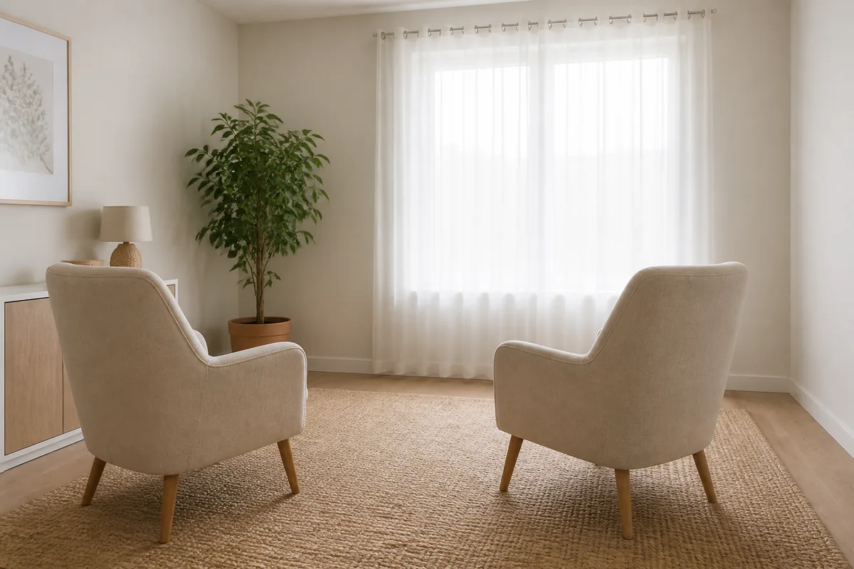 Deux fauteuils en tissu écru face à une fenêtre voilée, plante verte dans un coin, lumière douce et diffuse