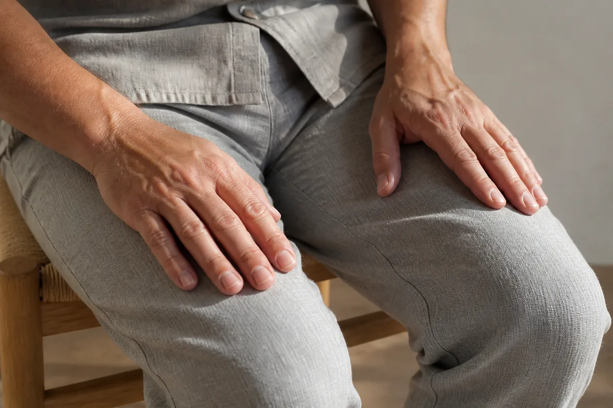 Mains posées à plat sur les cuisses, assise sur une chaise en bois, lumière rasante de fenêtre sur le tissu
