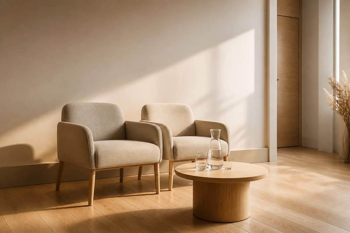 Salle d&rsquo;attente de cabinet avec deux fauteuils en tissu beige et une petite table basse en bois clair
