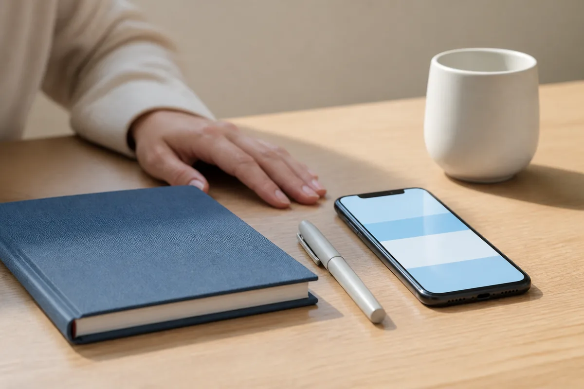 Ordinateur portable ouvert sur un bureau en bois clair, écran affichant des aplats de couleur douce, main posée près du pavé tactile