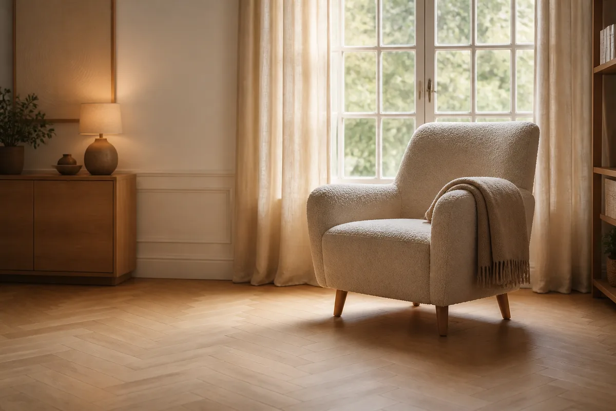 Fauteuil de consultation en tissu clair près d&rsquo;une fenêtre voilée, plaid plié sur l&rsquo;accoudoir