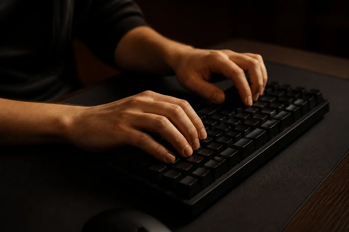 Joueur assis à son poste de jeu, mains posées sur le clavier, lumière tamisée