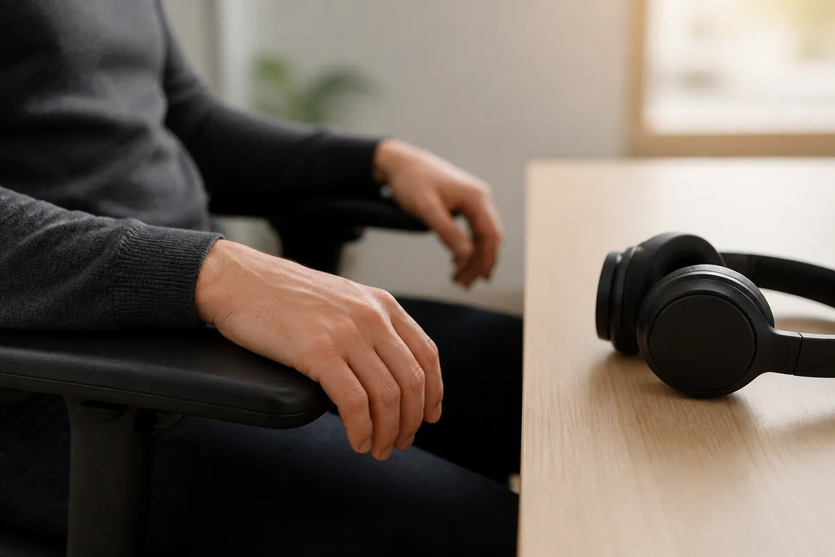 Mains d’un joueur au repos sur les accoudoirs, casque posé sur un bureau uni