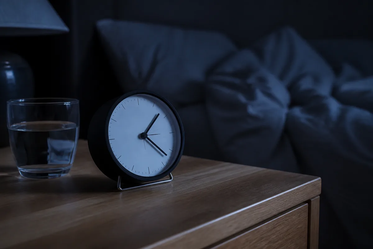 Chambre sombre, réveil analogique posé sur une table de nuit en bois clair