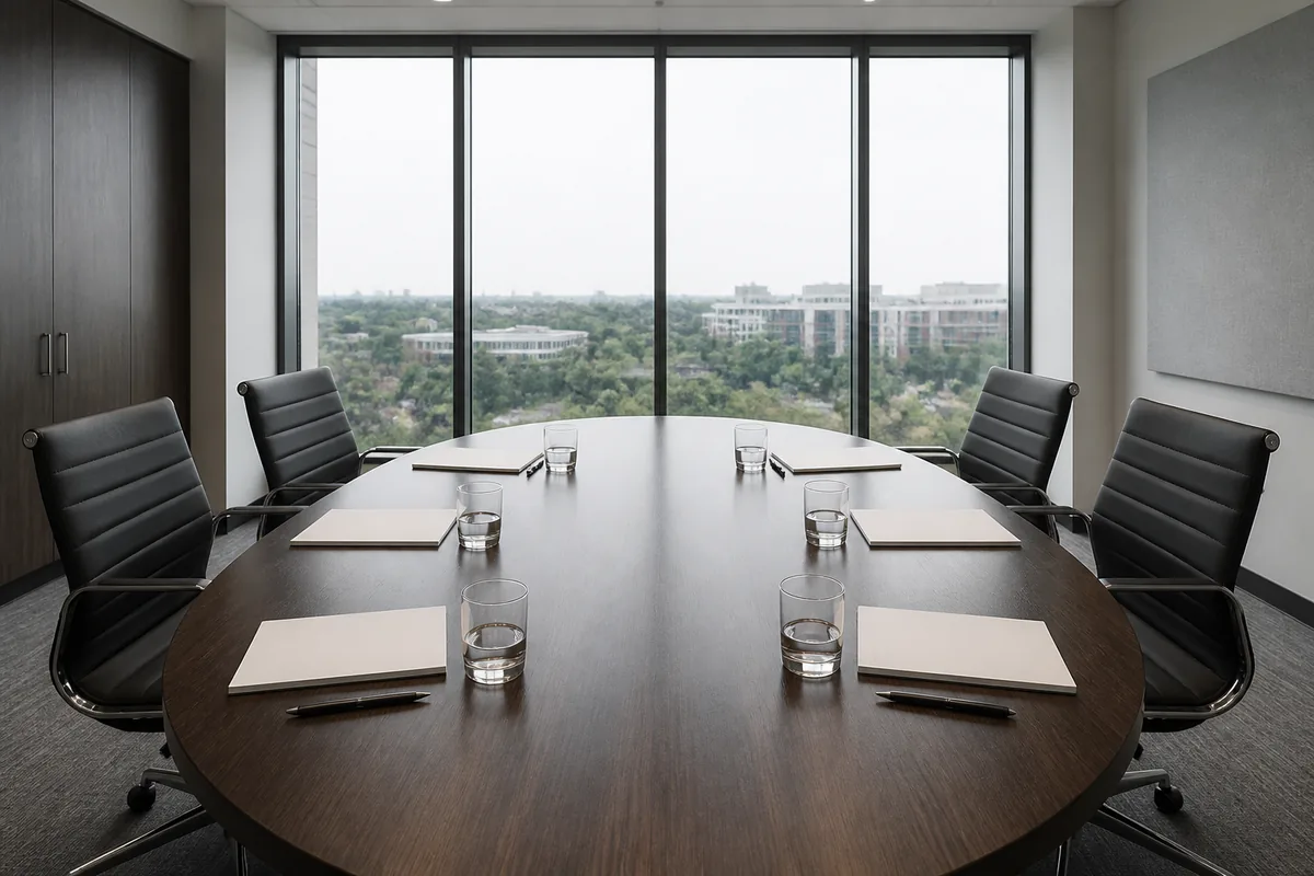 Table de réunion ovale avec plusieurs blocs-notes, verres d’eau et chaises vides, grande fenêtre en arrière-plan