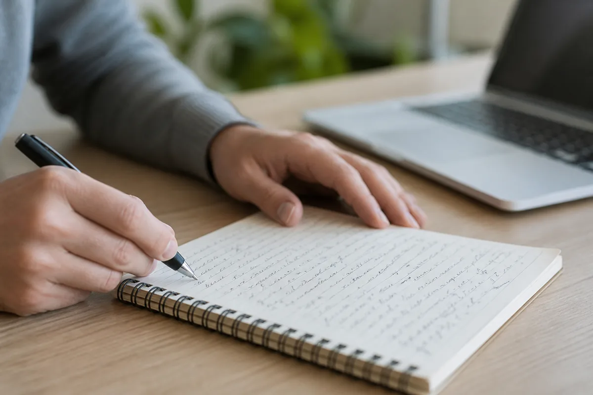 Mains posées sur un carnet à spirale rempli d’écriture manuscrite, à côté d’un clavier d’ordinateur portable sur un bureau