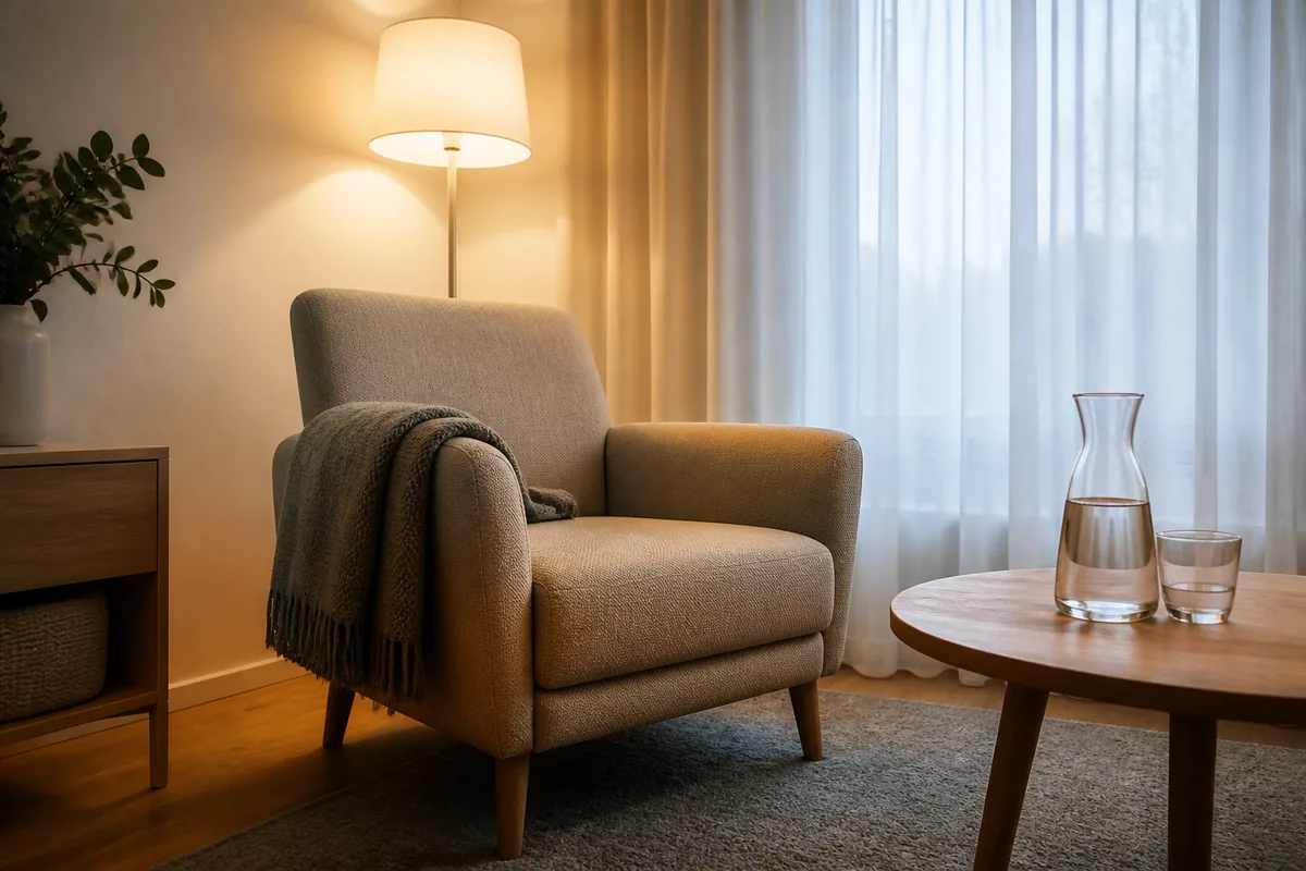 Table en bois clair avec un carnet fermé à couverture unie, un stylo et une tasse en céramique blanche