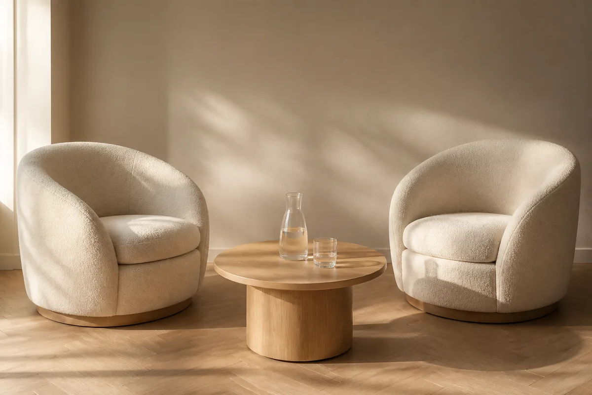 Deux fauteuils en tissu écru face à face dans une pièce claire, petite table basse ronde en bois entre les deux