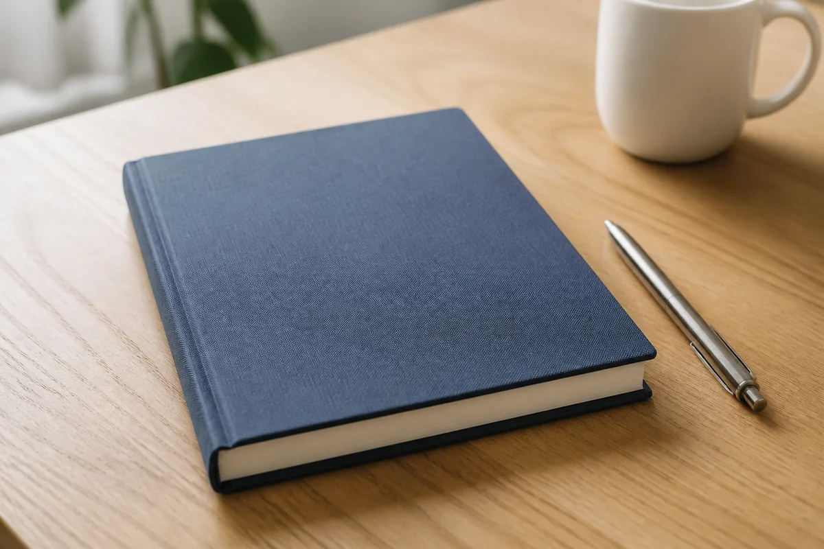 Carnet à couverture de toile unie fermé et stylo posés sur un plateau de bureau en chêne clair